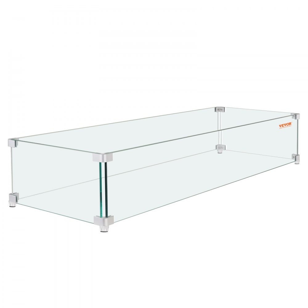 VEVOR Windschutz für Feuerstelle, 96,5 x 26,7 x 15,2 cm Glas-Windschutz, rechteckiger Glasschutz, 0,8 cm dicker Feuertisch, Flammenschutz aus klarem gehärtetem Glas, Baumgrubenschutz mit stabilen Füßen für Propan, Gas, Außenbereich