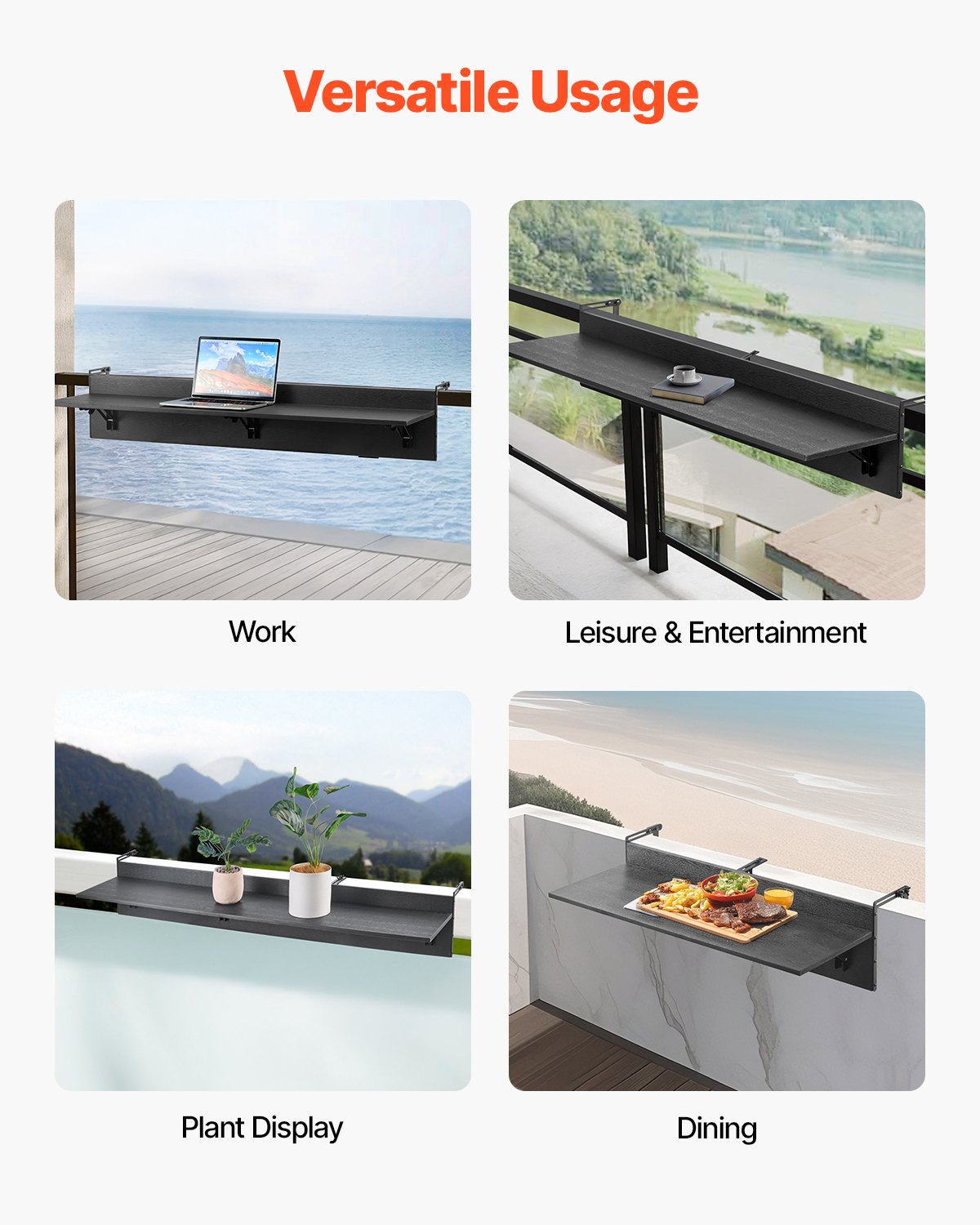 VEVOR Balkontisch, 1220x300mm, klappbarer Balkonhängetisch, Klapptisch für den Außenbereich, 22 kg Tragkraft, passend für Geländer von 2,54 bis 10,92 cm, Serviertisch für Terrasse und Deck