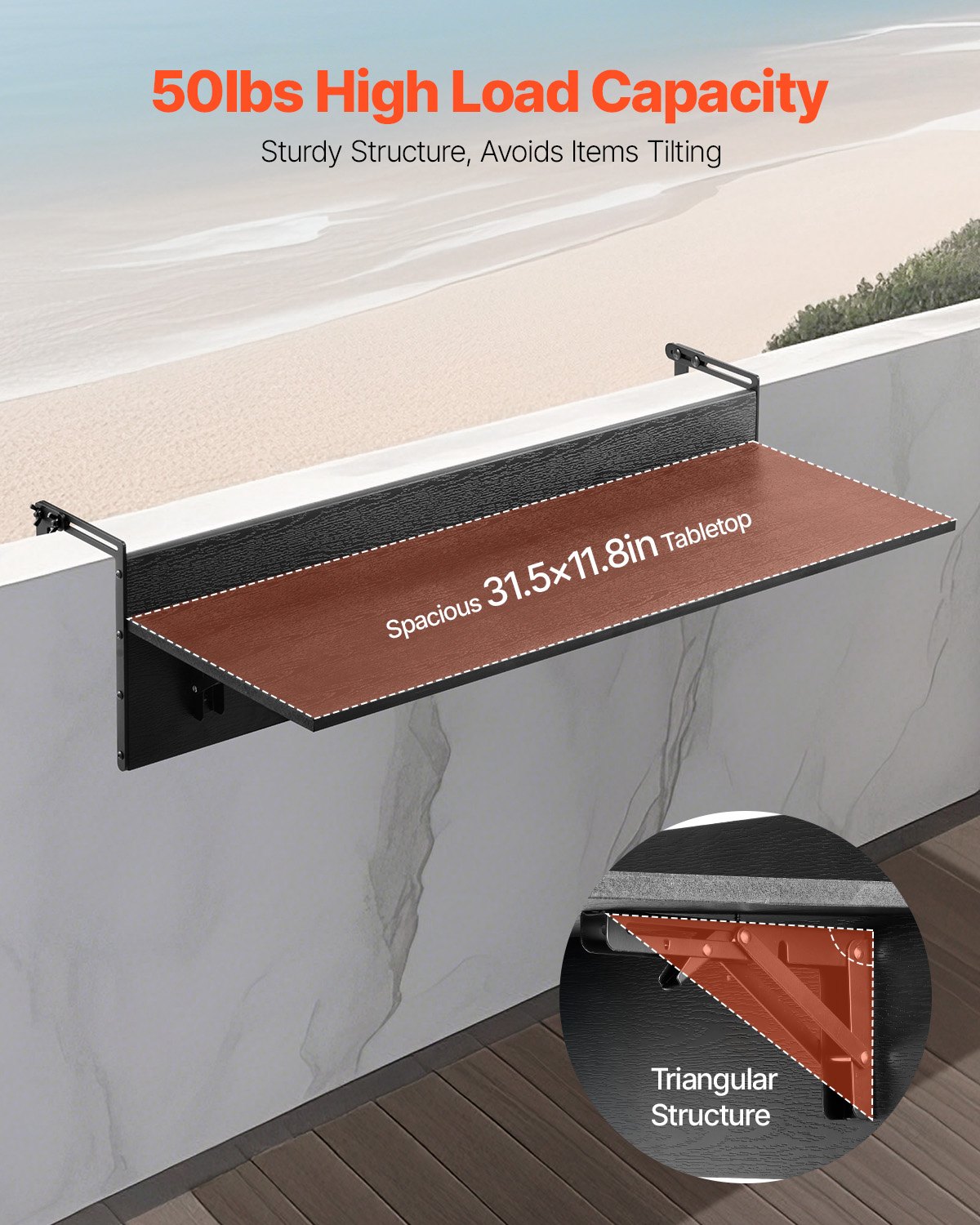 VEVOR Balkontisch, 800x300 mm, klappbarer Balkonhängetisch, Klapptisch für den Außenbereich, 22 kg Tragkraft, passend für Geländer von 25,4 bis 109,22 mm, Serviertisch für Terrasse und Deck