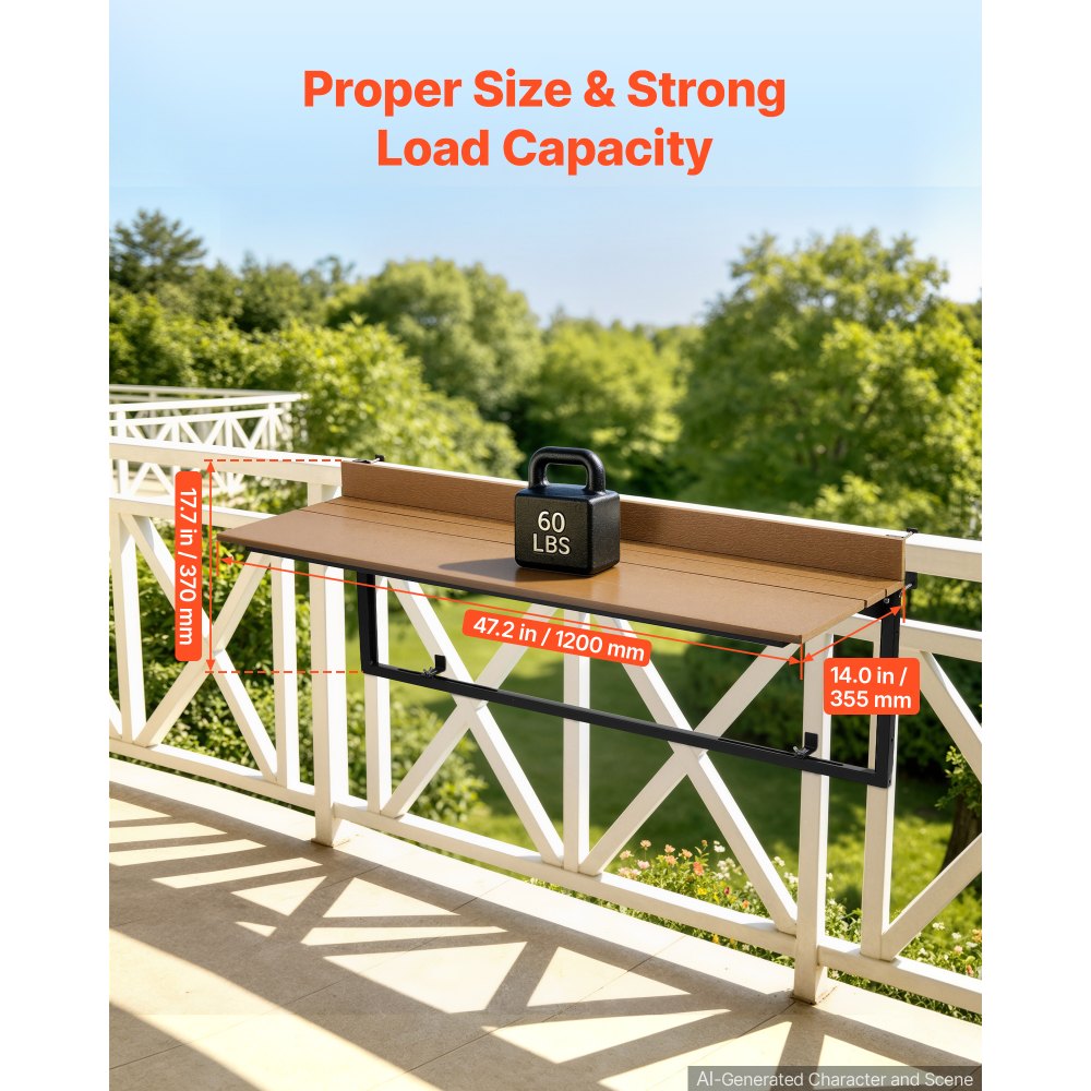 VEVOR Balkonhängetisch 1200x370 mm Klapptisch 27 kg Hängetisch Balkontisch, für Terrasse, Garten oder Balkon, Passend für 35–60 mm Geländer, 5-fach Höhenverstellbar, aus Holz-Kunststoff-Verbundmaterial