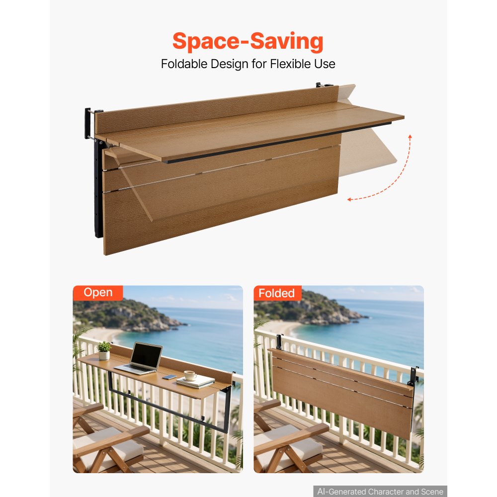 VEVOR Balkonhängetisch 1200x370 mm Klapptisch 27 kg Hängetisch Balkontisch, für Terrasse, Garten oder Balkon, Passend für 35–60 mm Geländer, 5-fach Höhenverstellbar, aus Holz-Kunststoff-Verbundmaterial