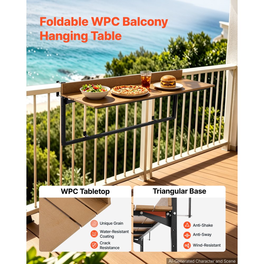 VEVOR Balkonhängetisch 1200x370 mm Klapptisch 27 kg Hängetisch Balkontisch, für Terrasse, Garten oder Balkon, Passend für 35–60 mm Geländer, 5-fach Höhenverstellbar, aus Holz-Kunststoff-Verbundmaterial