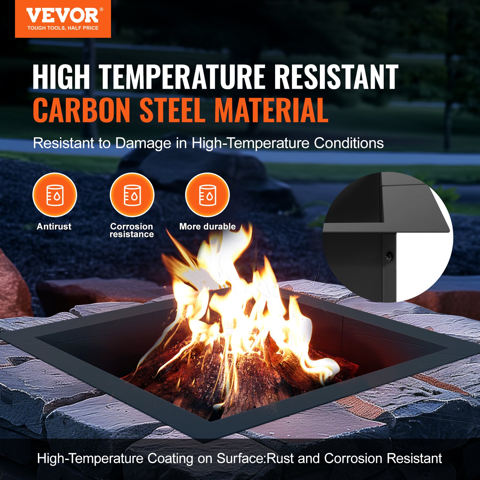 VEVOR Fire Pit Ring, 42 x 42 inch outer diameter/36 x 36 inch inner diameter, 10 inch high square fire pit insert, heavy-duty carbon steel lining, DIY campfire ring for above or in the ground, for outdoor camping, campfires