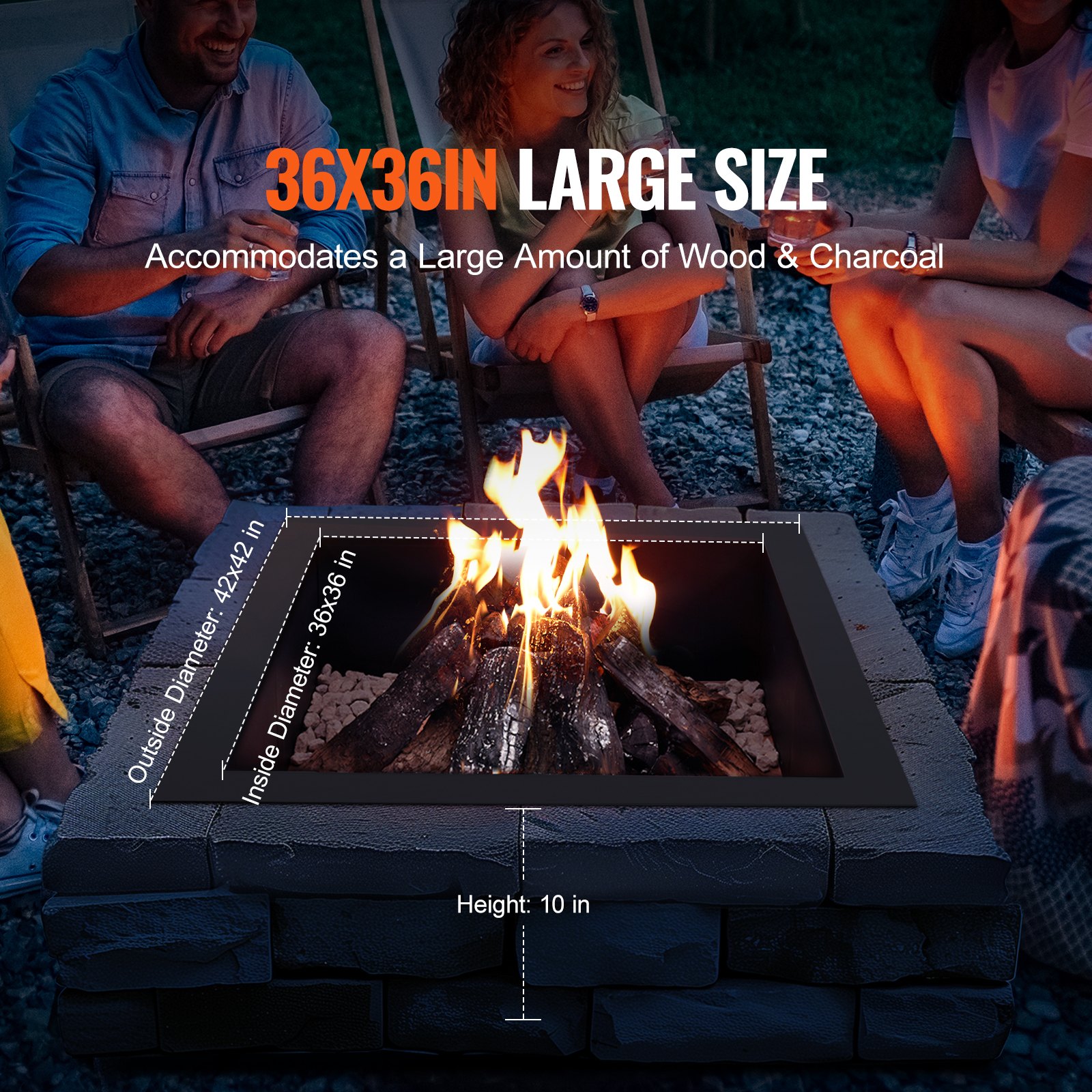 VEVOR Fire Pit Ring, 42 x 42 inch outer diameter/36 x 36 inch inner diameter, 10 inch high square fire pit insert, heavy-duty carbon steel lining, DIY campfire ring for above or in the ground, for outdoor camping, campfires
