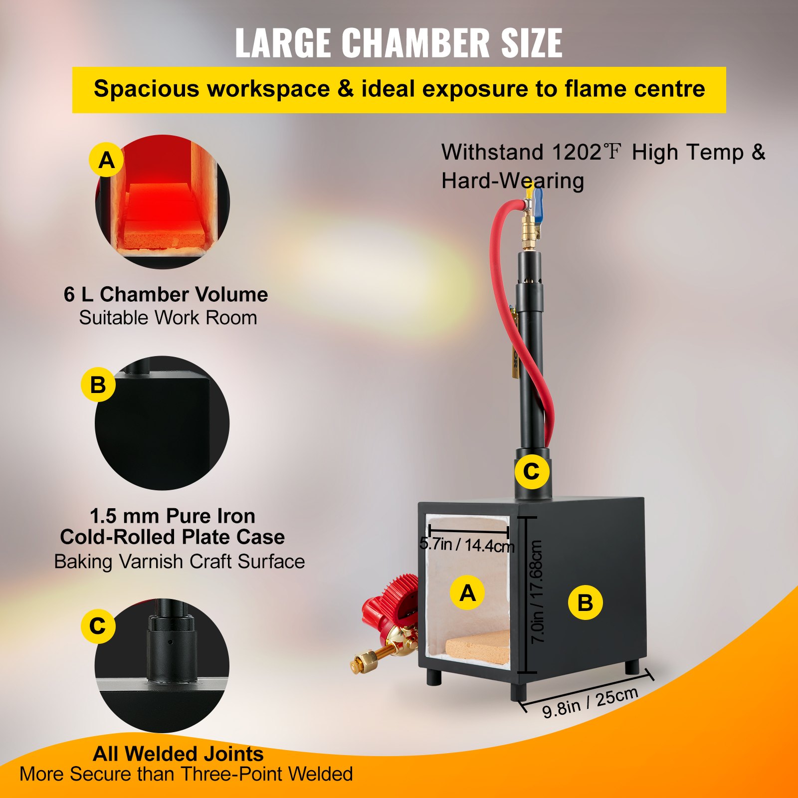 VEVOR Gas schmiedeofen 1350 °C, Brenner Schmiede aus Eisen 6 L, Schmiedeofen ein Brenner, Auskleidung mit Aluminiumsilikatfaser, Metallschmiede Max. Leistung 76,8 kWh / 262.000 BTU, Eckig, 7,5 kg