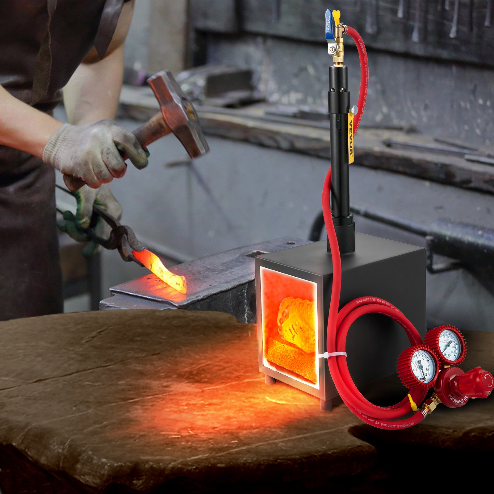 VEVOR Gas schmiedeofen 1350 °C, Brenner Schmiede aus Eisen 6 L, Schmiedeofen ein Brenner, Auskleidung mit Aluminiumsilikatfaser, Metallschmiede Max. Leistung 76,8 kWh / 262.000 BTU, Eckig, 7,5 kg