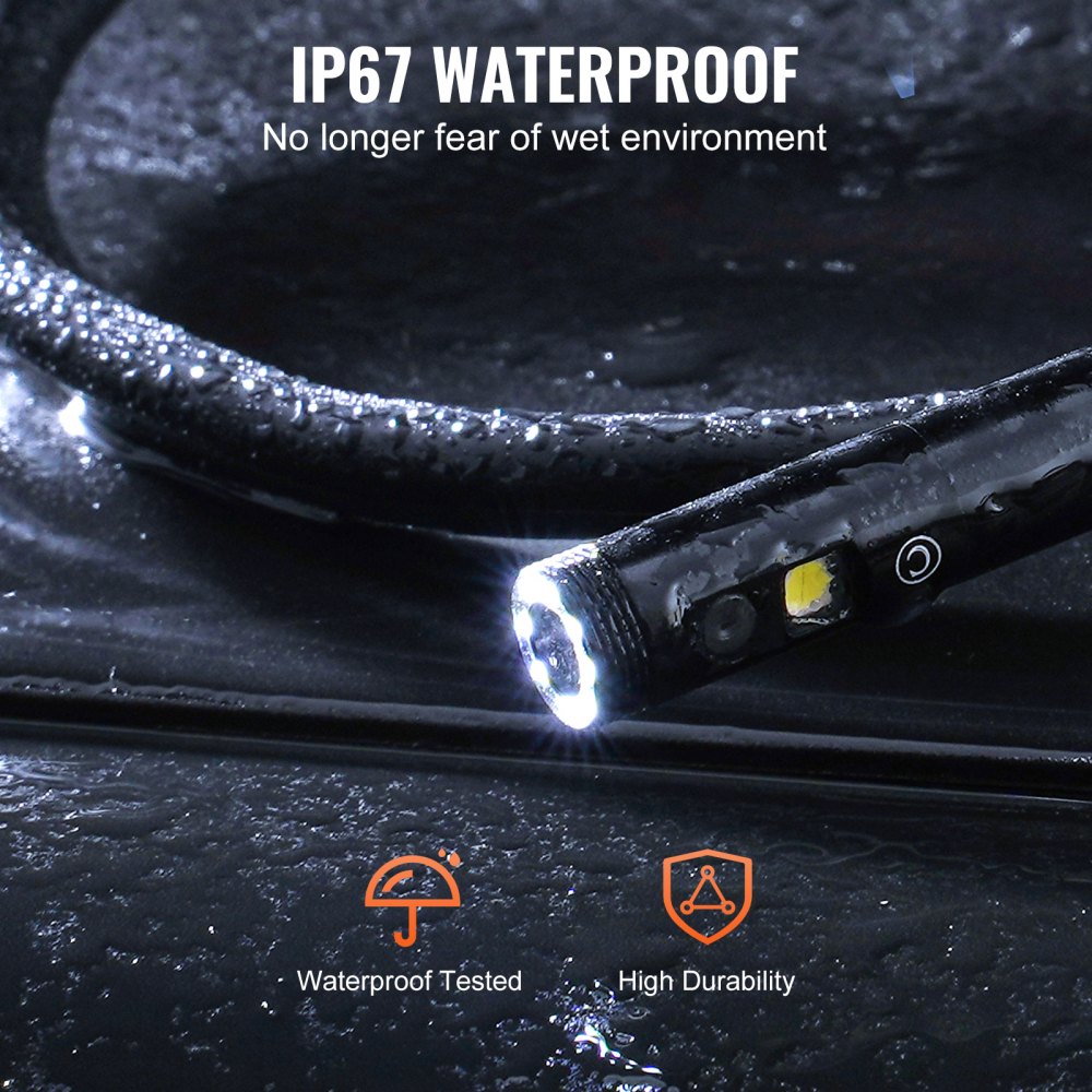 VEVOR Endoscope Camera with Light, Industrial Endoscope with Triple Lens, 5-inch Screen, 1080P Inspection Camera, 8 + 2 Lights, IP67 Waterproof Snake Camera for Cars, Plumbing (5m Cable, 32GB Card)