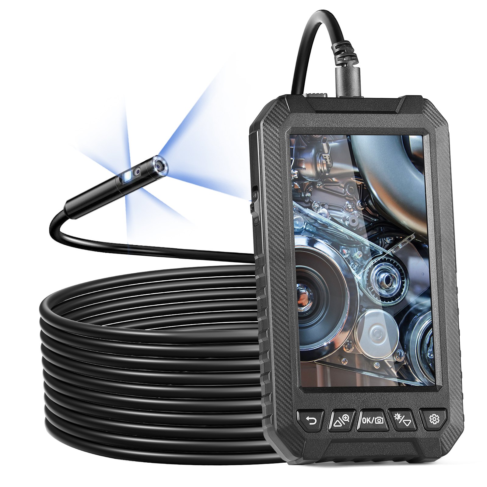 VEVOR Endoscope Camera with Light, Industrial Endoscope with Triple Lens, 5-inch Screen, 1080P Inspection Camera, 8 + 2 Lights, IP67 Waterproof Snake Camera for Cars, Plumbing (5m Cable, 32GB Card)