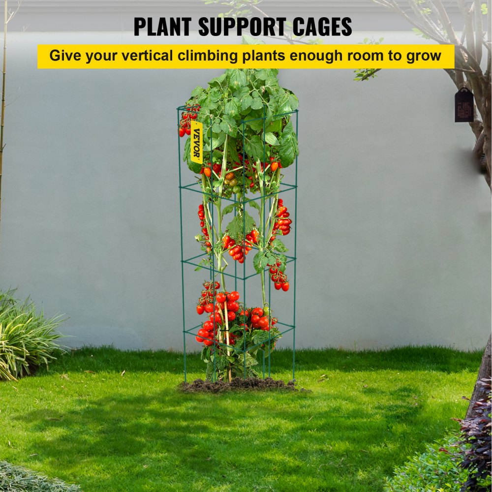 VEVOR Tomatenkäfige, 37 x 37 x 100 cm, 6er-Set quadratische Pflanzenstützkäfige, robuste, grüne Tomatentürme aus PVC-beschichtetem Stahl zum Klettern von Gemüse, Pflanzen, Blumen und Früchten