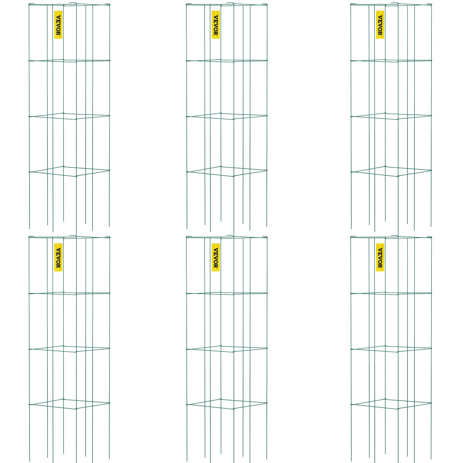 VEVOR Tomatenkäfige, 37 x 37 x 100 cm, 6er-Set quadratische Pflanzenstützkäfige, robuste, grüne Tomatentürme aus PVC-beschichtetem Stahl zum Klettern von Gemüse, Pflanzen, Blumen und Früchten