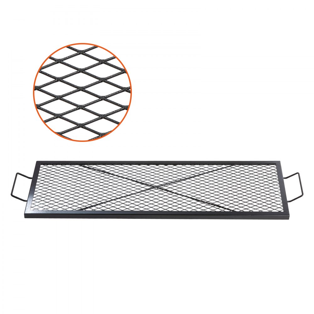 VEVOR 1110 x 380 x 25 mm X-Marks Feuerstellen-Grillrost, Rechteckiger Grillrost, Lagerfeuer-BBQ-Grillrost aus Stahl mit Griff, Tragbares Camping-Kochgeschirr für Partytreffen im Freien, Schwarz