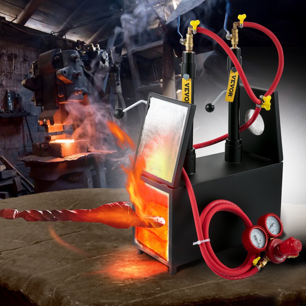 VEVOR Gas schmiedeofen 1350 °C, Brenner Schmiede 10 L, Schmiedeofen Doppelbrenner mit Auskleidungsmaterial Aluminiumsilikatfaser, Metallschmiede Max. Leistung 153,6 kWh / 524.000 BTU, Gasdruckregler