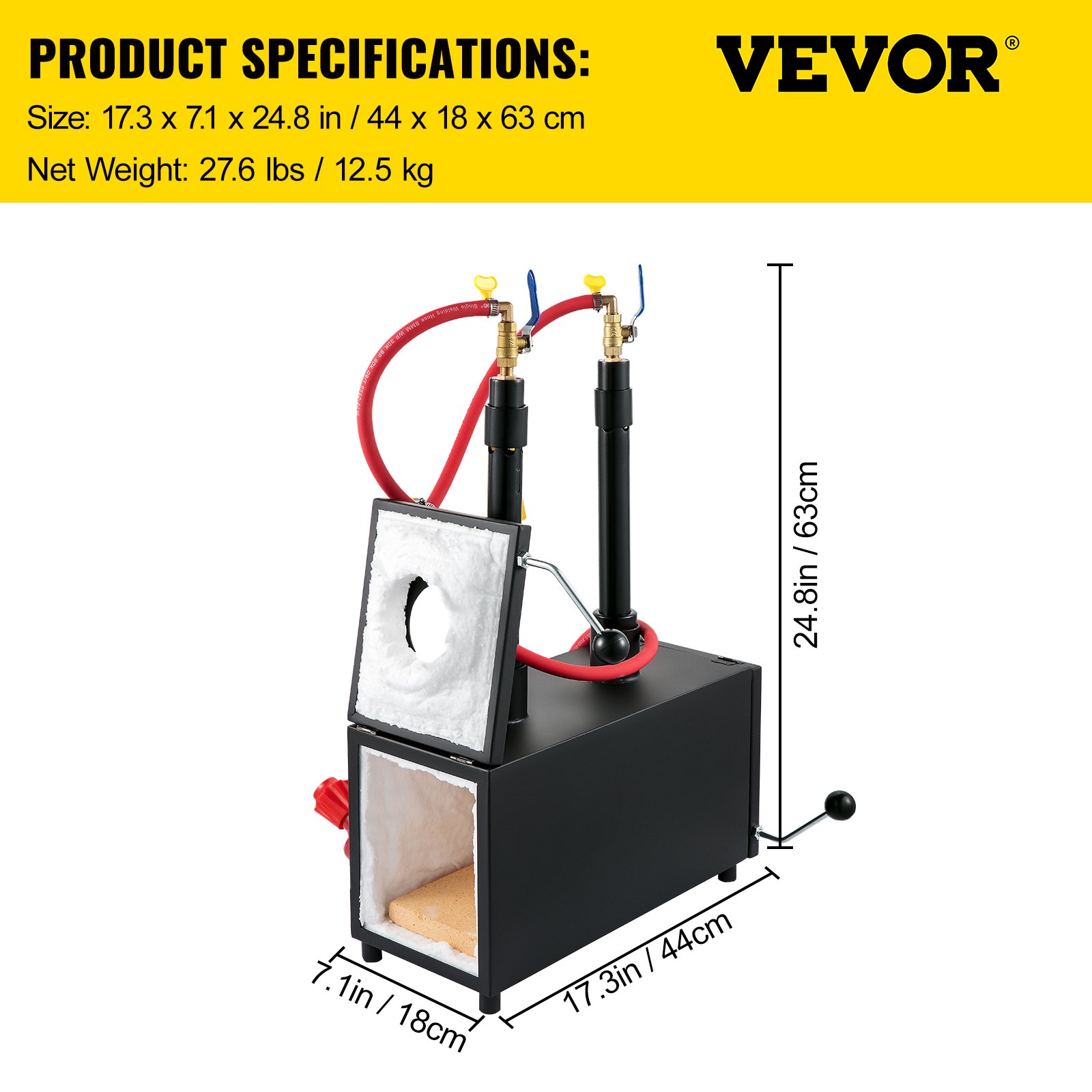 VEVOR Gas schmiedeofen 1350 °C, Brenner Schmiede 10 L, Schmiedeofen Doppelbrenner mit Auskleidungsmaterial Aluminiumsilikatfaser, Metallschmiede Max. Leistung 153,6 kWh / 524.000 BTU, Gasdruckregler