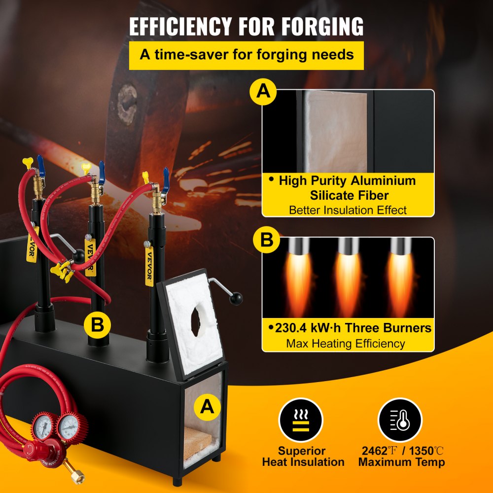 VEVOR Gas schmiedeofen 1350 °C, Brenner Schmiede 15 L, Schmiedeofen drei Brenner Zweitürig Auskleidung mit Aluminiumsilikatfaser, Metallschmiede Max. Leistung 230,4 kWh / 786.000 BTU, Gasdruckregler