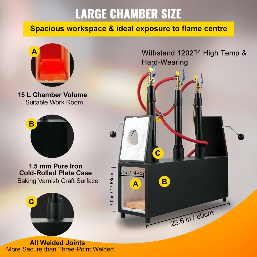 VEVOR Gas schmiedeofen 1350 °C, Brenner Schmiede 15 L, Schmiedeofen drei Brenner Zweitürig Auskleidung mit Aluminiumsilikatfaser, Metallschmiede Max. Leistung 230,4 kWh / 786.000 BTU, Gasdruckregler