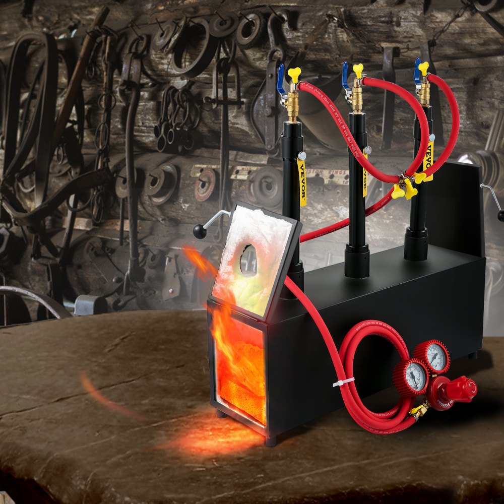 VEVOR Gas schmiedeofen 1350 °C, Brenner Schmiede 15 L, Schmiedeofen drei Brenner Zweitürig Auskleidung mit Aluminiumsilikatfaser, Metallschmiede Max. Leistung 230,4 kWh / 786.000 BTU, Gasdruckregler