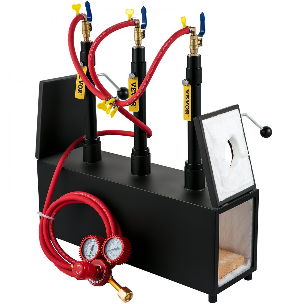 VEVOR Gas schmiedeofen 1350 °C, Brenner Schmiede 15 L, Schmiedeofen drei Brenner Zweitürig Auskleidung mit Aluminiumsilikatfaser, Metallschmiede Max. Leistung 230,4 kWh / 786.000 BTU, Gasdruckregler