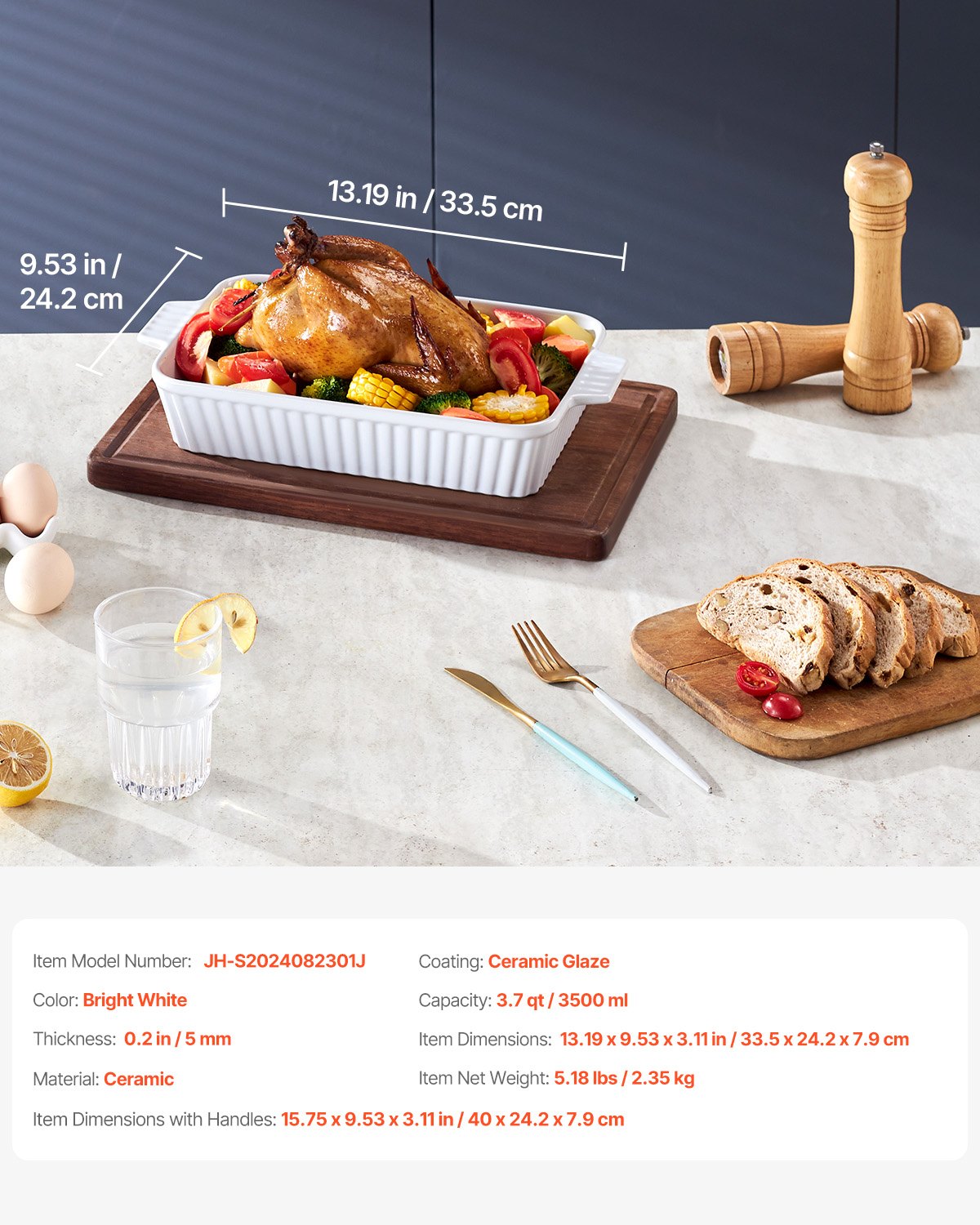 VEVOR Keramik-Auflaufform, groß, 22,9 x 33 cm, rechteckiges Backgeschirr mit Doppelgriffen, ofenfest, Lasagneform, tiefe Auflaufform zum Backen und Servieren, Thanksgiving- und Weihnachtsgeschenk, weiß