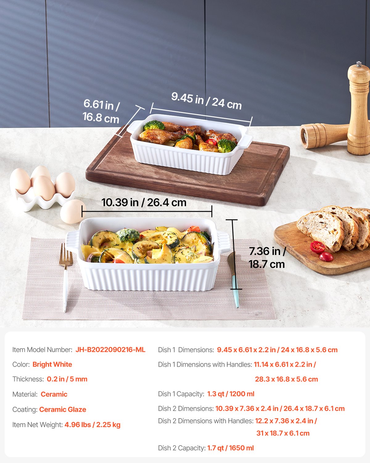 VEVOR Keramik-Auflaufform, 2-teilig, rechteckig, Backgeschirr-Set, tief zum Backen