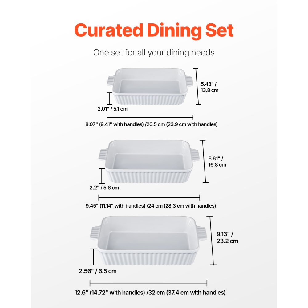 VEVOR Keramik-Auflaufform, 3-teilig, rechteckig, Backgeschirr-Set, tief zum Backen