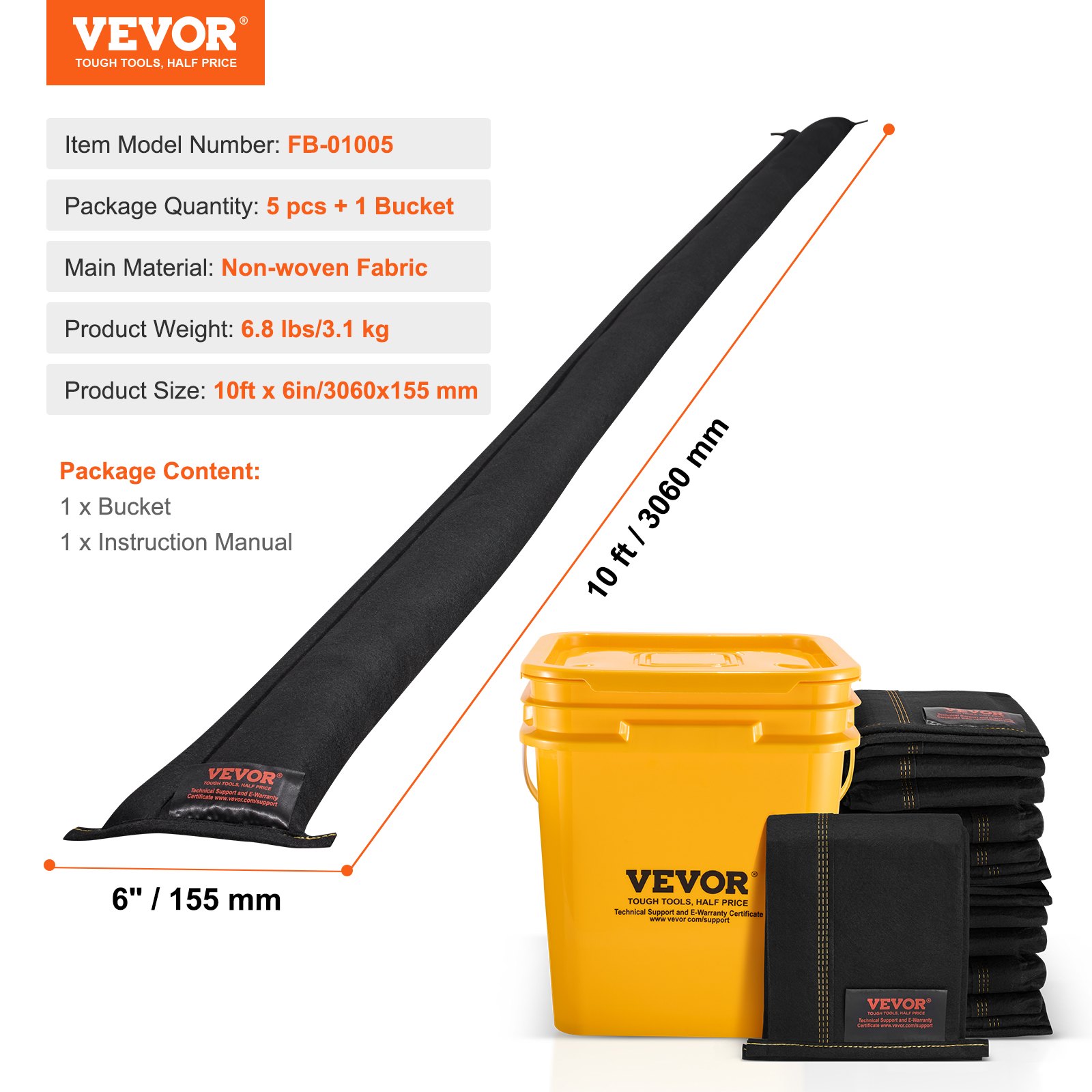 VEVOR Hochwasserbarrieren, Wasserflut-Dammbeutel, 5er-Pack, Wasserbarrieren für Überschwemmungen mit Plastikeimer, wasseraktivierte Hochwasserbarrieren für Haus, Tür, Auffahrt (3060 x 155 mm)