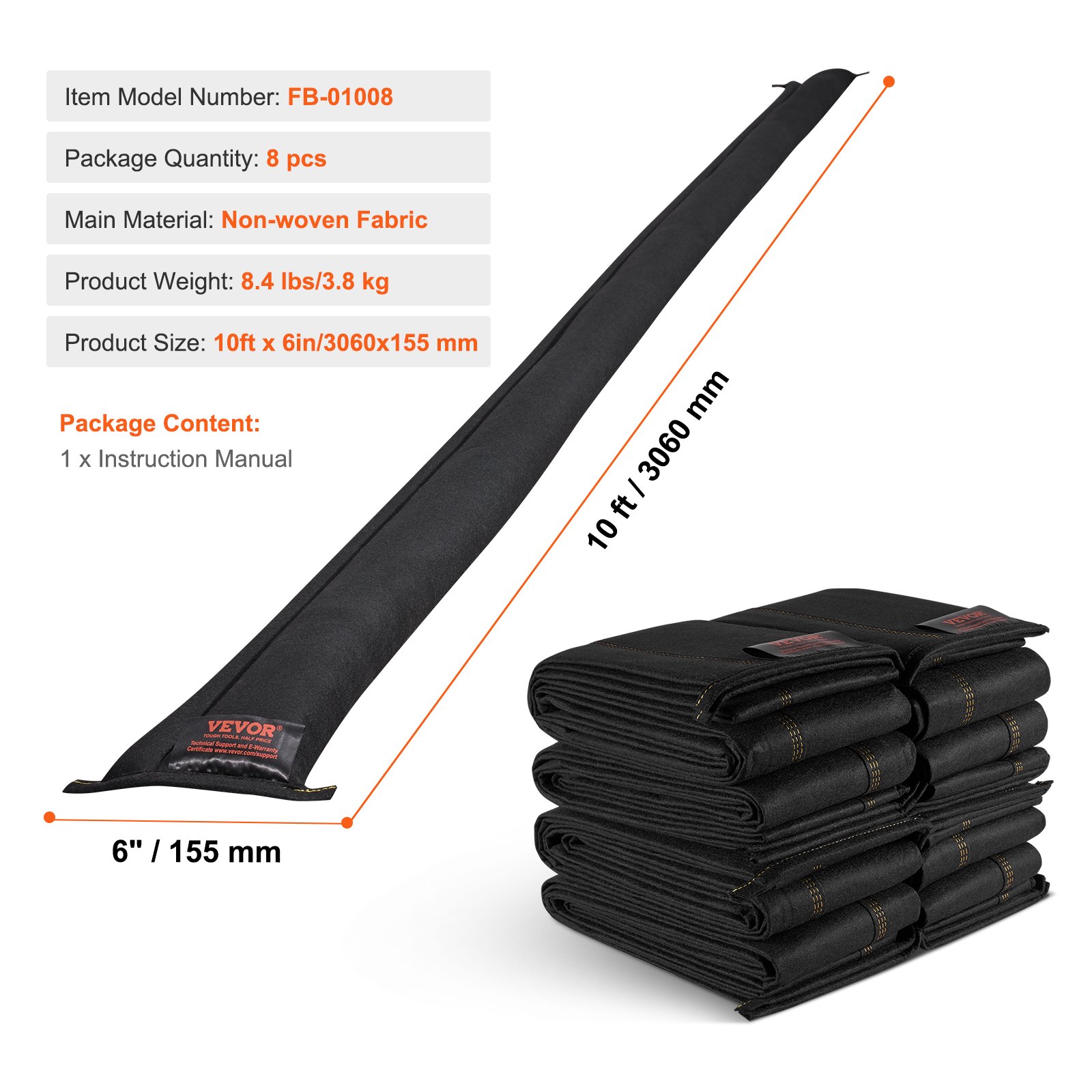 VEVOR Hochwasserbarrieren, Wasserflut-Dammbeutel, 8er-Pack, Wasseraktivierte Hochwasserbarrieren für Haus, Tür, Auffahrt (3060 x 155 mm)