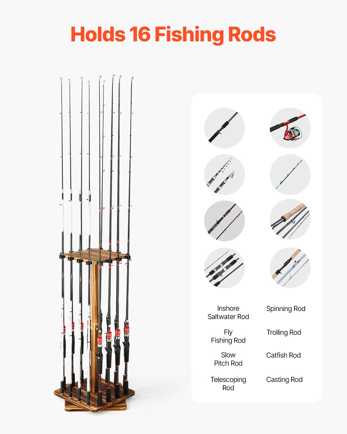 VEVOR Angelrutenhalter für 16 Angelruten, 360° drehbarer Rutenständer aus Holz für die Organisation und Lagerung, platzsparende Bodenständer Angelausrüstung, Geschenke für Angelfreunde