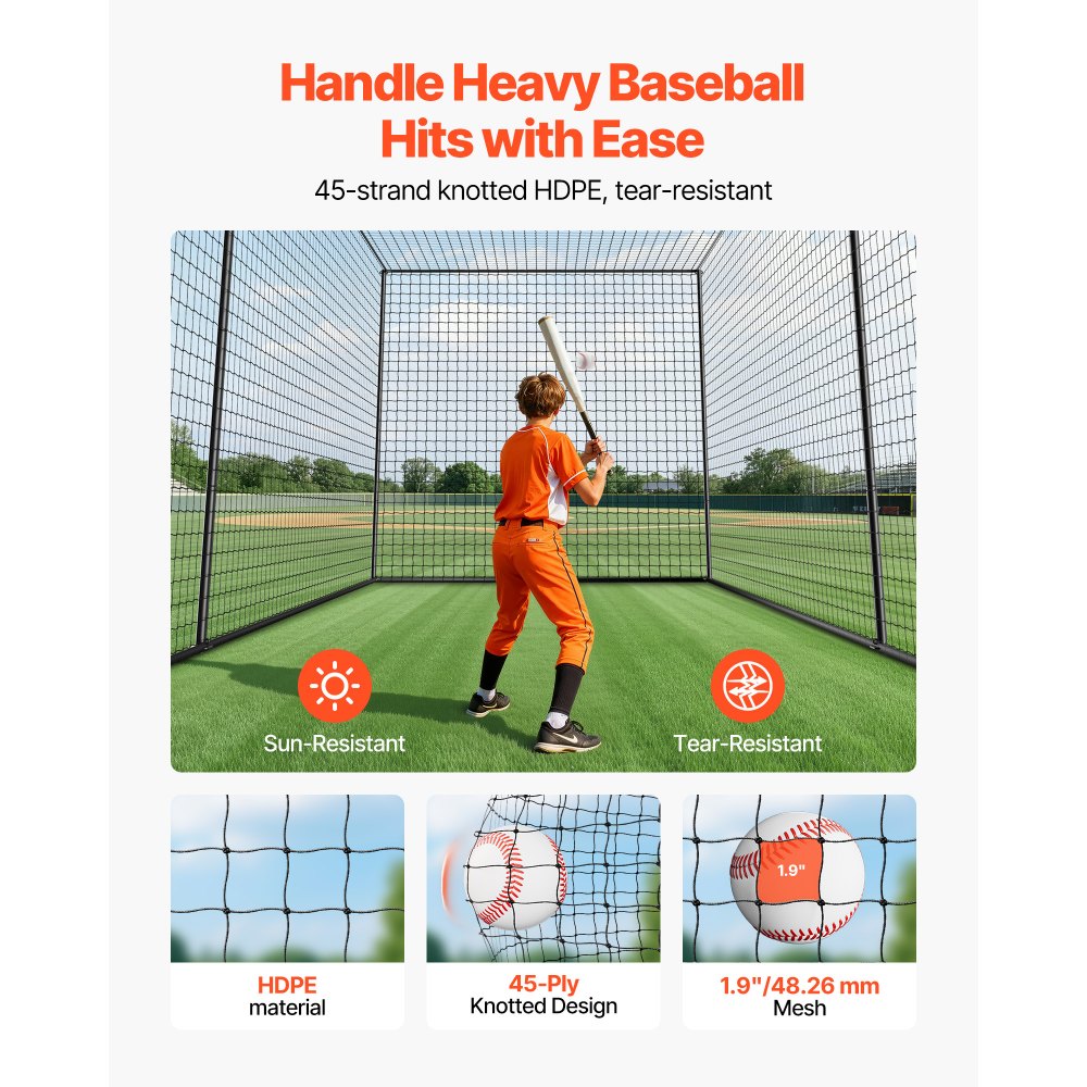 VEVOR Baseball Schlagkäfig (Rechteckig) Netz 10668x3200x3100 mm, Tragbares Trainingsnetz mit 45-lagigem & Geknotetem HDPE-Gewebe & Langen Positionierungsseilen, inkl. Softball Trainingskäfignetz