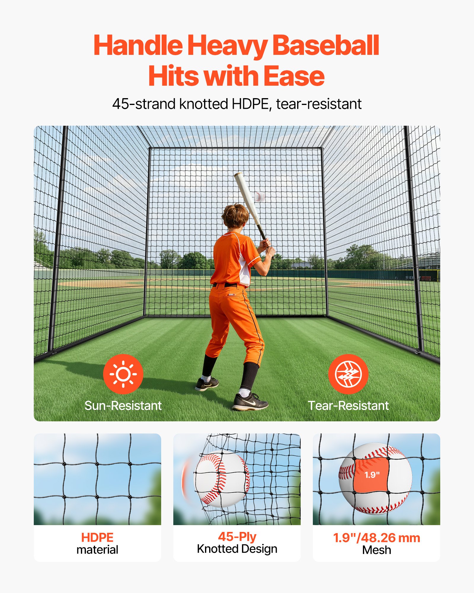 VEVOR Baseball Schlagkäfig (Rechteckig) Netz 10668x3200x3100 mm, Tragbares Trainingsnetz mit 45-lagigem & Geknotetem HDPE-Gewebe & Langen Positionierungsseilen, inkl. Softball Trainingskäfignetz