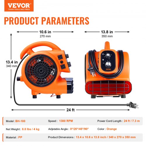 VEVOR Bodengebläse 1000 CFM - 3 Geschwindigkeiten, 4 Blaswinkel, Timer, Tragbarer Teppichtrockner Für Haushalt & Gewerbe
