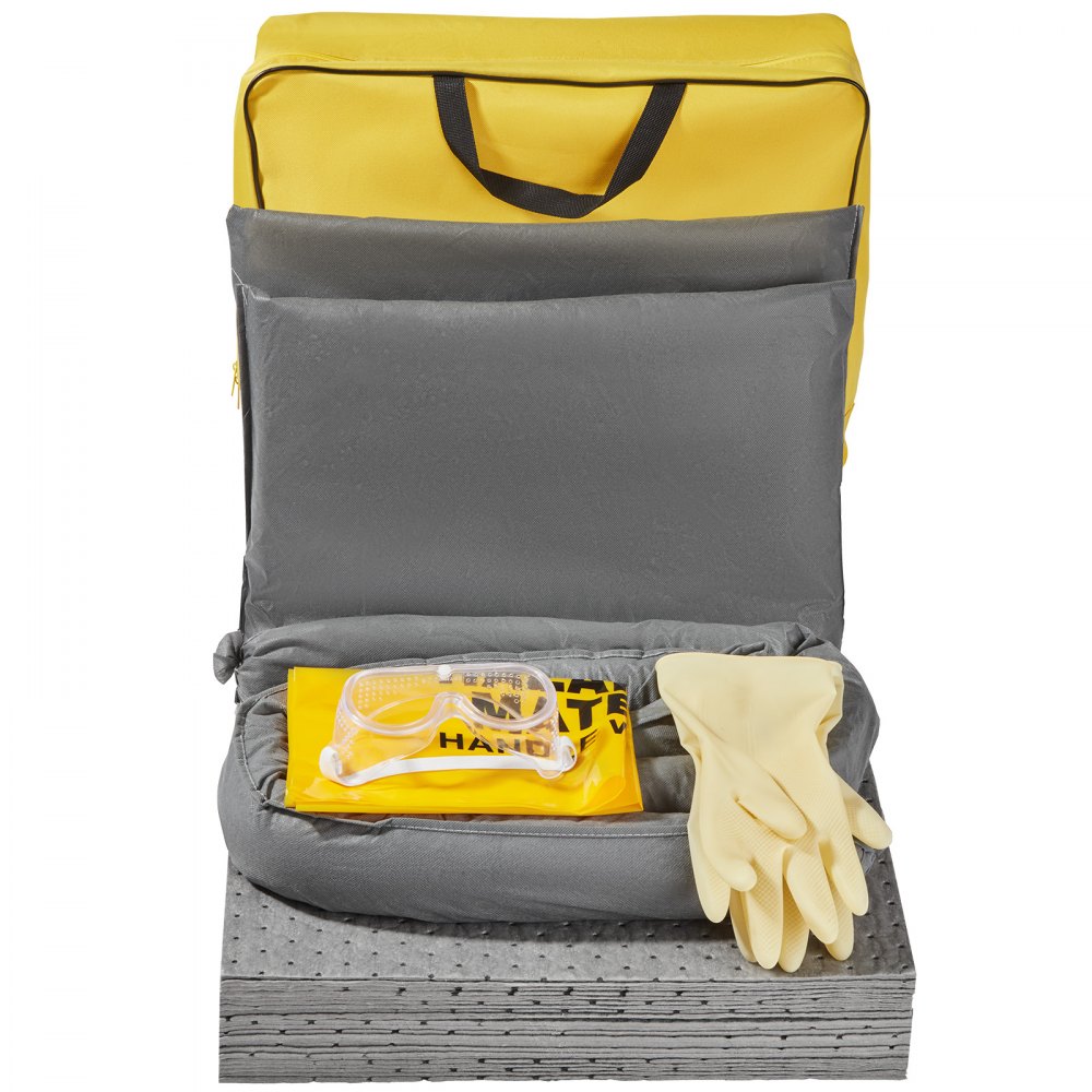VEVOR Universal-Spill-Kit, 43-teiliges Spill-Control-Zubehör, inkl. 30 Universal-Sorptionspads, 2 Universal-Sorptionssocken 91 x 122 cm, 2 Entsorgungskissen, Gummihandschuhe & Tasche