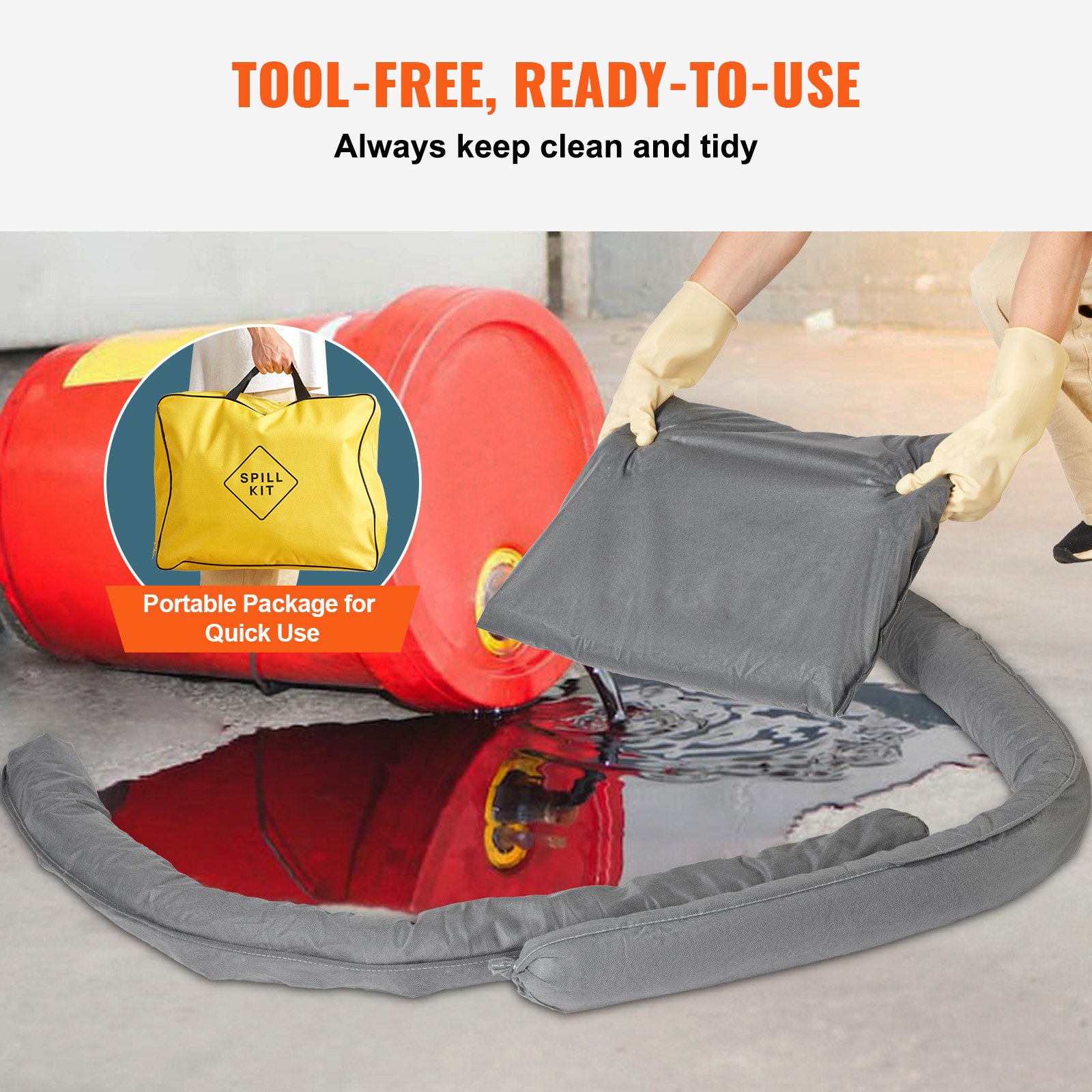 VEVOR Universal-Spill-Kit, 43-teiliges Spill-Control-Zubehör, inkl. 30 Universal-Sorptionspads, 2 Universal-Sorptionssocken 91 x 122 cm, 2 Entsorgungskissen, Gummihandschuhe & Tasche