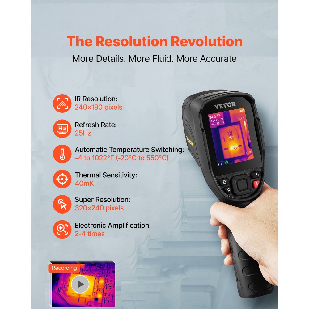 VEVOR Handheld Wärmebildkamera 240x180 IR-Auflösung Infrarotkamera Thermometer 40mK Thermografie Kamera -20-550°C Thermokamera Identifizierung von Wilden Tiere Elektrisch Hotspots Fehlenden Isolierung