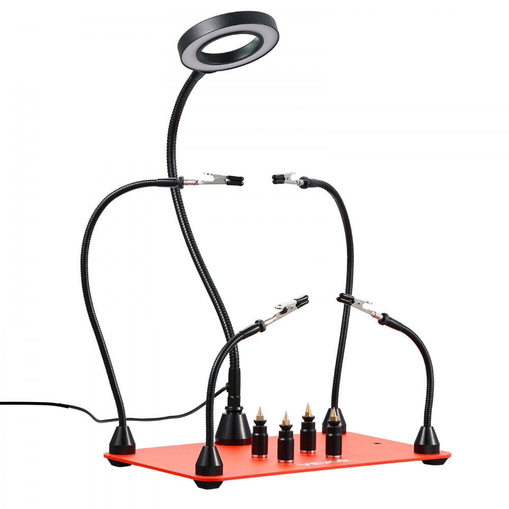 VEVOR Löthilfe Dritte Hand, Magnetische Lötstation, Lötwerkzeug mit 4 flexiblen Armen, mit LED-Vergrößerungslampe, 4 PCB-Säulenhaltern & Basis, für Reparaturen, Basteln, Hobby, Heimwerken