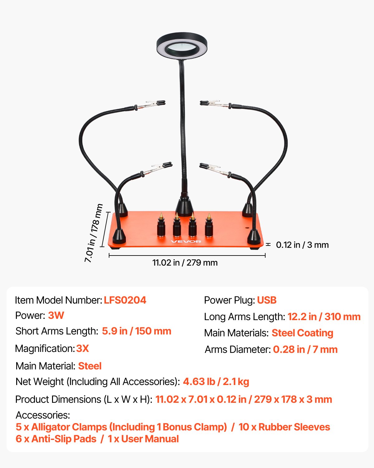 VEVOR Löthilfe Dritte Hand, Magnetische Lötstation, Lötwerkzeug mit 4 flexiblen Armen, mit LED-Vergrößerungslampe, 4 PCB-Säulenhaltern & Basis, für Reparaturen, Basteln, Hobby, Heimwerken