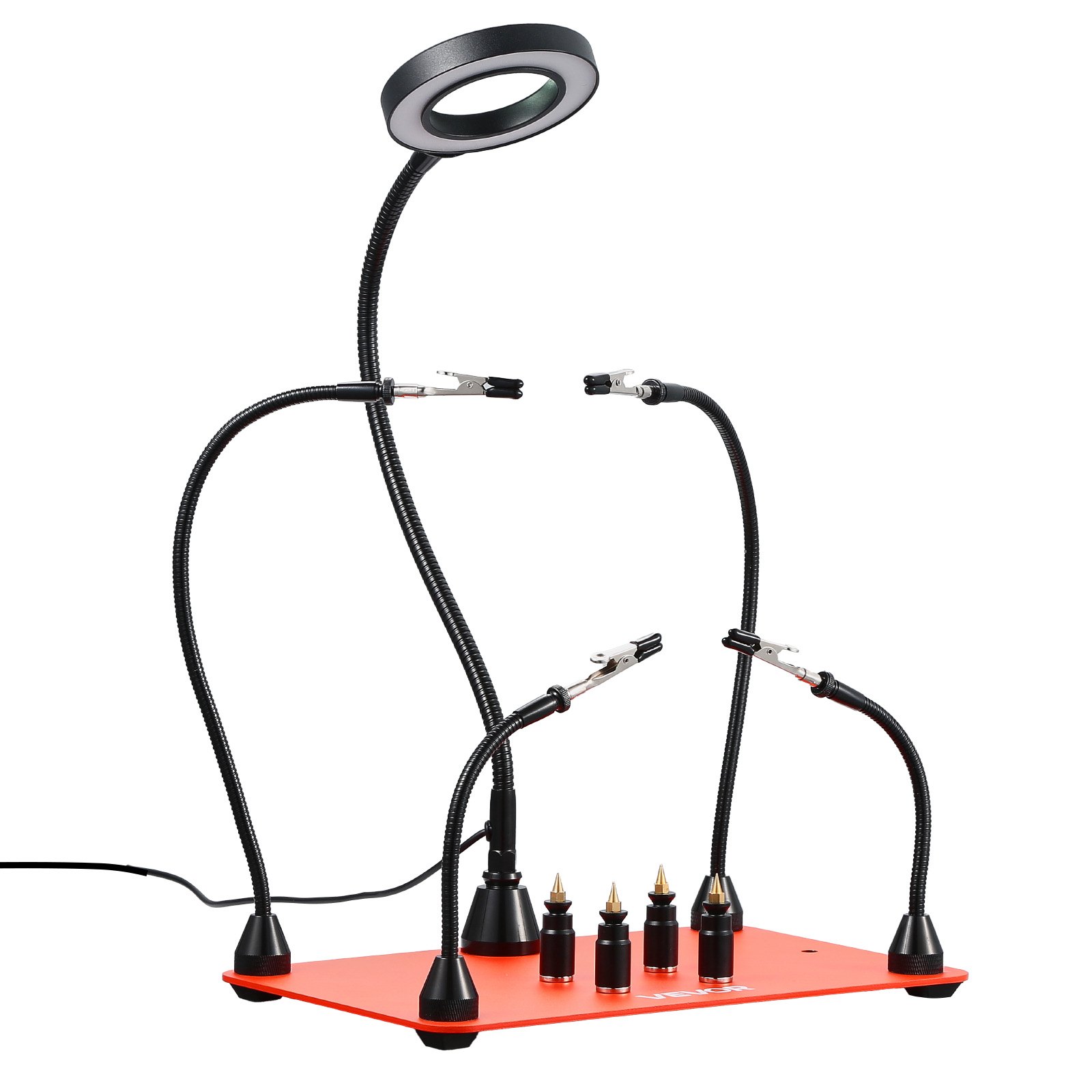 VEVOR Löthilfe Dritte Hand, Magnetische Lötstation, Lötwerkzeug mit 4 flexiblen Armen, mit LED-Vergrößerungslampe, 4 PCB-Säulenhaltern & Basis, für Reparaturen, Basteln, Hobby, Heimwerken