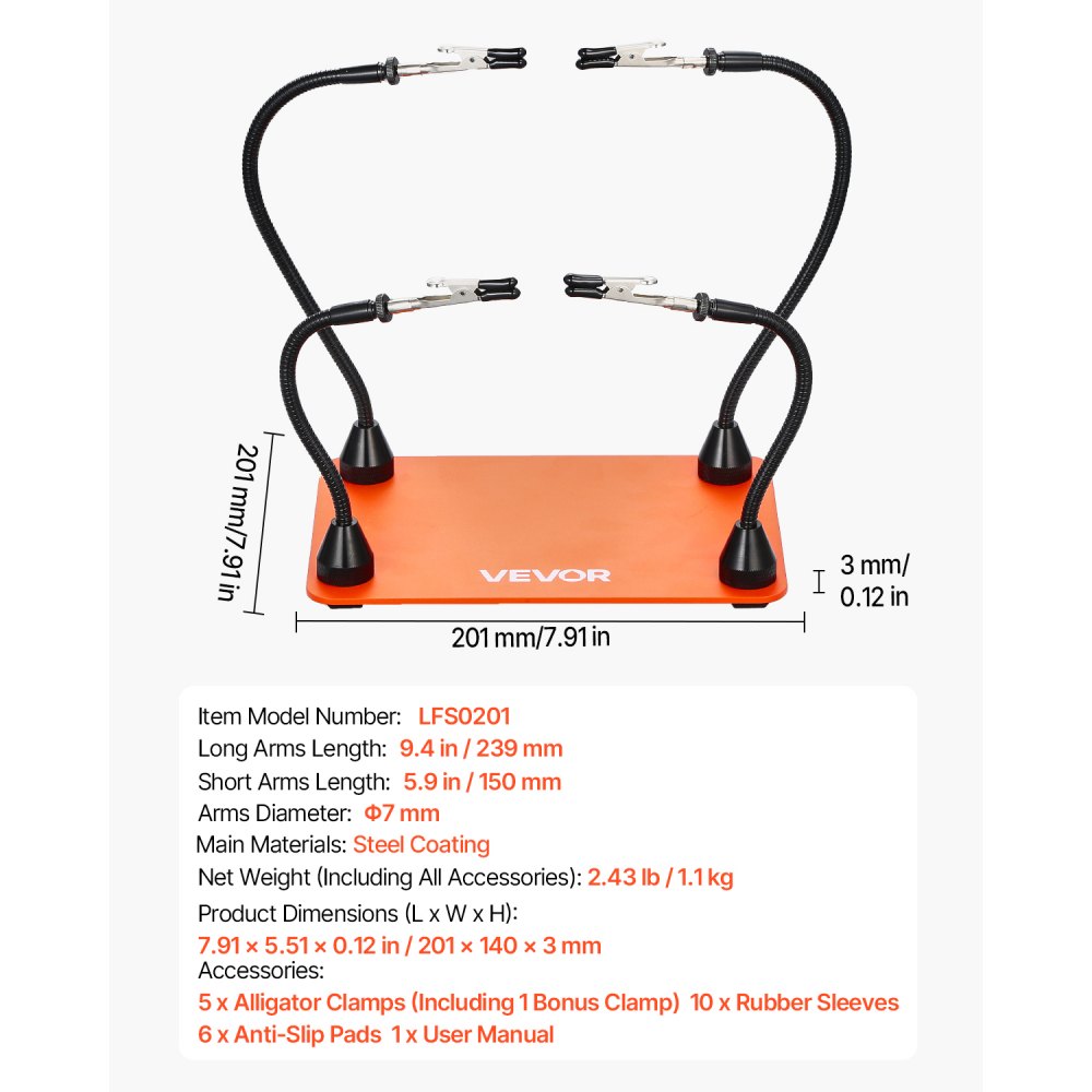 VEVOR Löthilfe Dritte Hand 201x140x3 mm, magnetische Lötstation, 4 flexible Arme, mit Krokodilklemmen und rutschfester Stahlbasis, für elektronische Reparaturen, Basteln, Hobby, Heimwerken