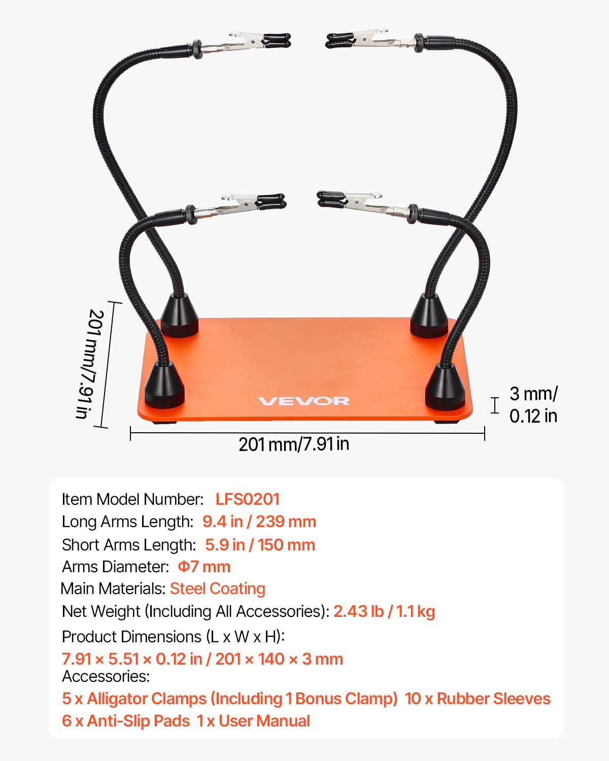 VEVOR Löthilfe Dritte Hand 201x140x3 mm, magnetische Lötstation, 4 flexible Arme, mit Krokodilklemmen und rutschfester Stahlbasis, für elektronische Reparaturen, Basteln, Hobby, Heimwerken