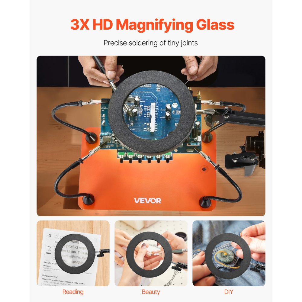 VEVOR Magnetic Helping Hands Soldering Station, 4 Flexible Arms Third Hand Tool with 3X LED Magnifying Lamp & Non-Slip Heavy-Duty Base, Soldering Helping Hands for Electronic Repair Craft Hobby DIY