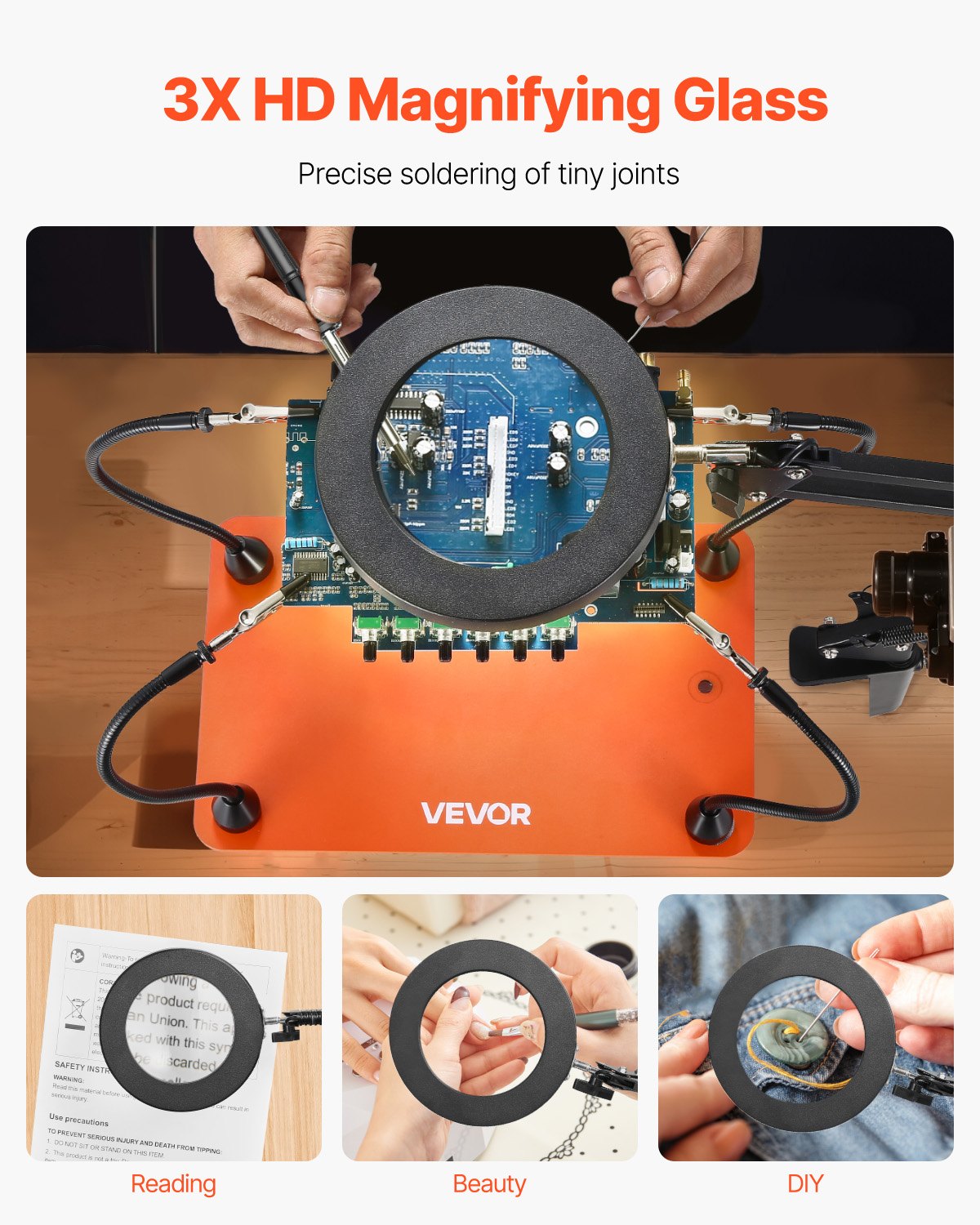 VEVOR Löthilfe Dritte Hand, Magnetische Lötstation, 4 flexible Arme, Werkzeug mit 3-facher LED-Vergrößerungslampe & rutschfester Basis, für elektronische Reparaturen, Basteln, Hobby, Heimwerken
