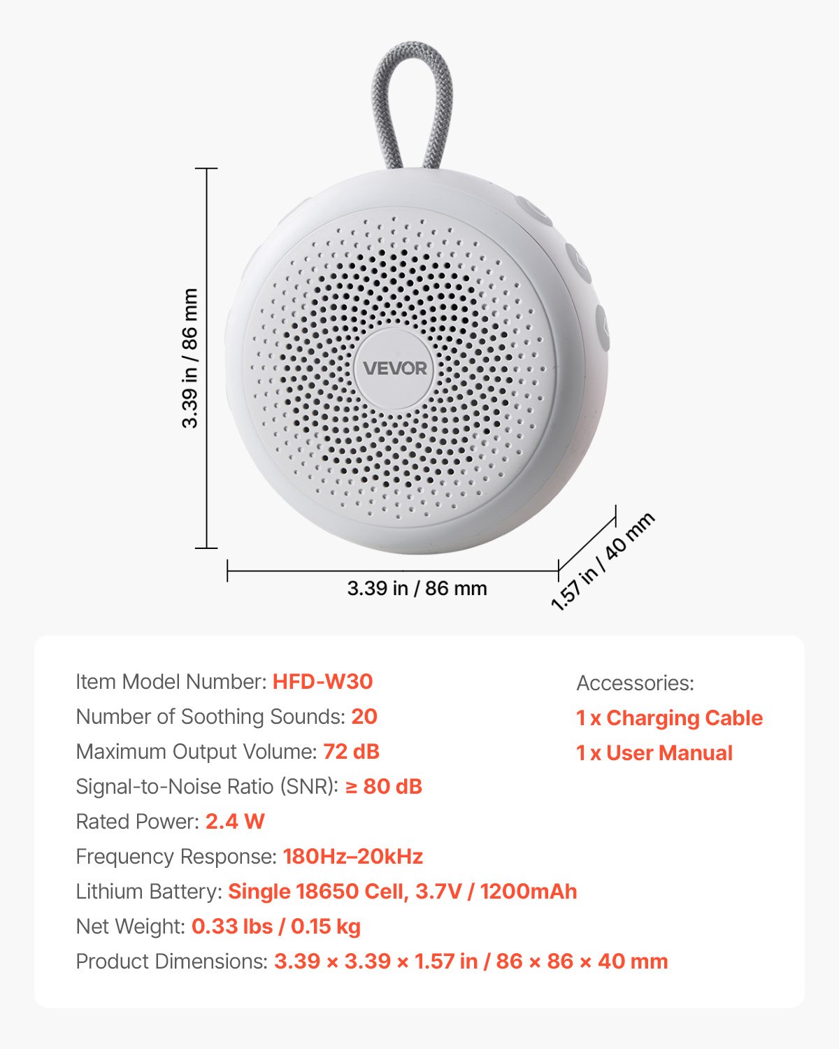 VEVOR Einschlafhilfe, White Noise Machine, 20 Musiktitel, 4-in-1-Soundmaschine mit weißem Rauschen, automatischem Abschalttimer, sanftem Ringlicht, Speicherfunktion & Kindersicherung, Rauschgerät