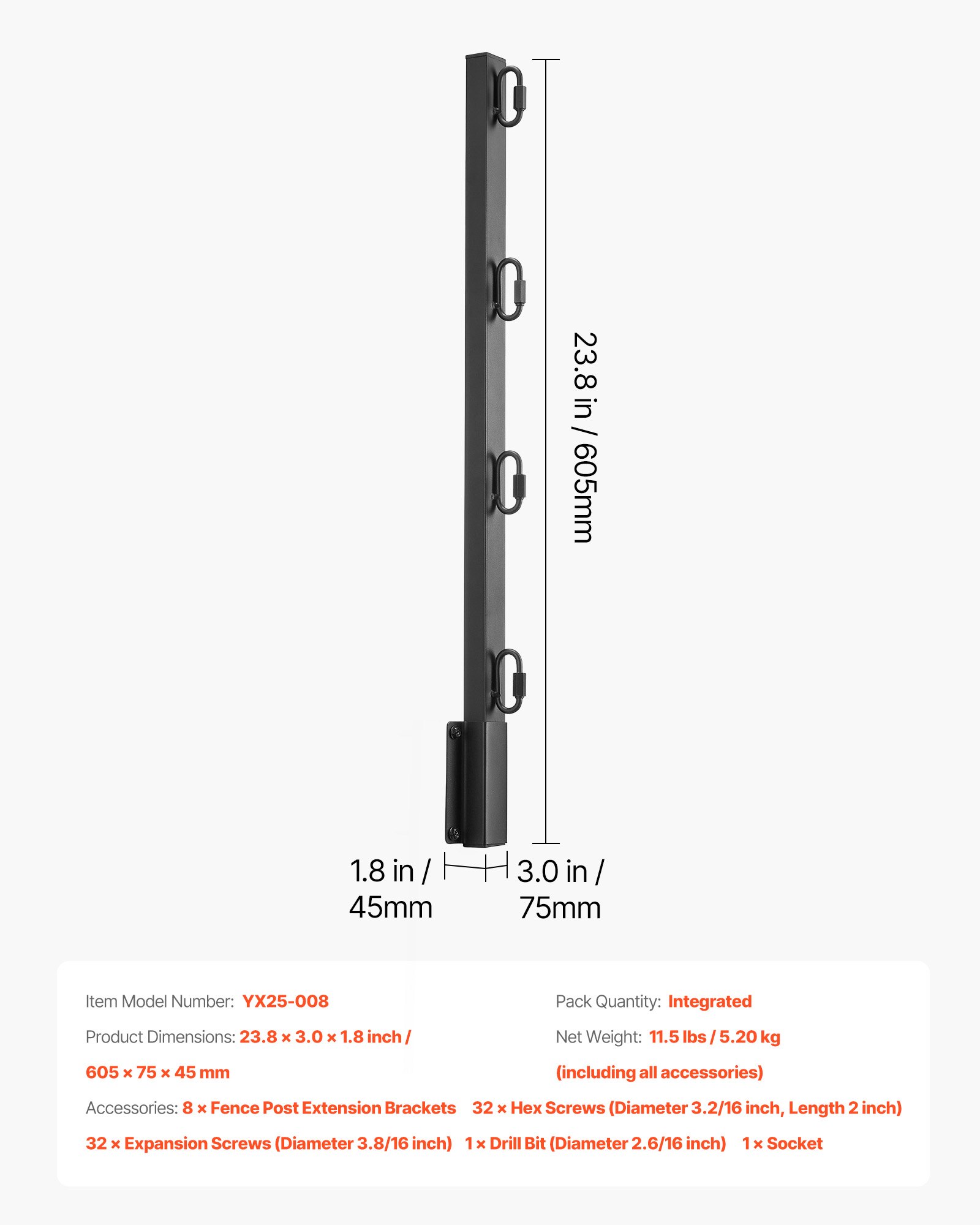 VEVOR Übersteigschutz Zaunerhöhung, 8er-Pack. Stacheldrahtarm 605x75x45 mm, Stacheldrahtabweiser, Stacheldrahthalter aus Stahl, flach oder oberflächenmontierte Stacheldraht-Verlängerungsarme