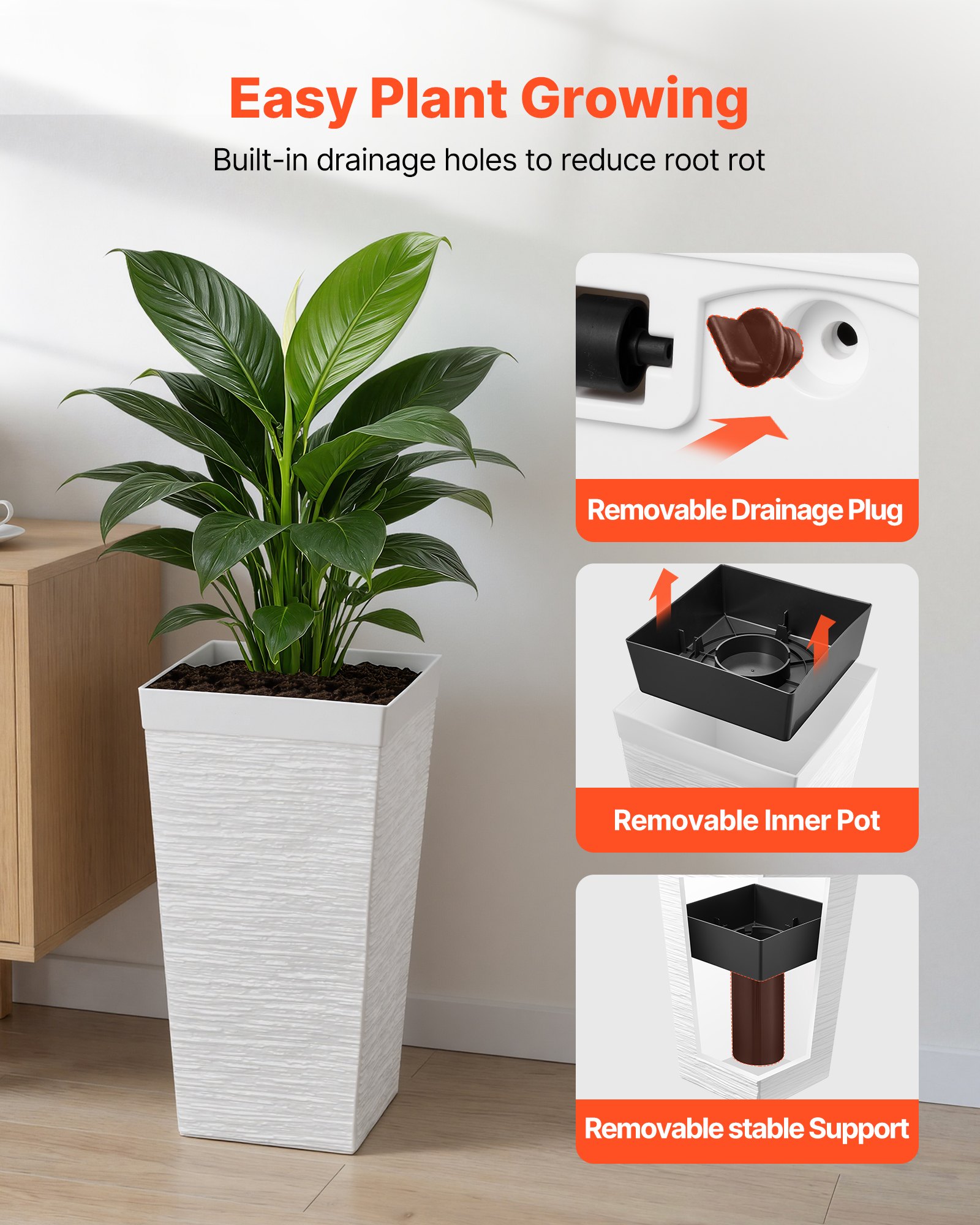 VEVOR Pflanztopf 300x300x580 mm 2er-Set, Blumentopf, Blumenkübel, PP-Pflanzgefäß, Planzkübel, Pflanzkasten mit Innentopf & Abflusslöchern, Geeignet für Zimmer- & Gartenpflanzen, Weiß