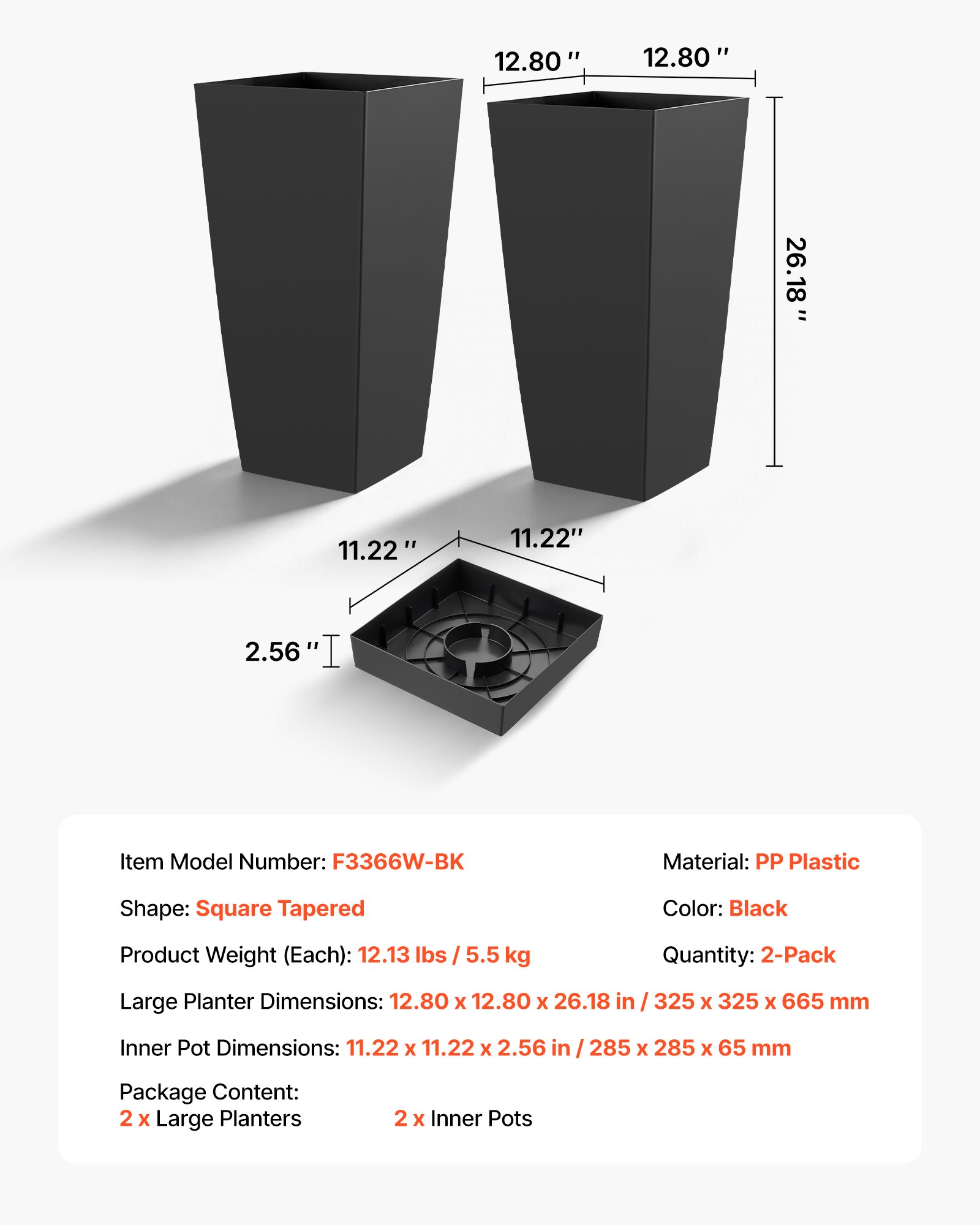 VEVOR Pflanztopf 325x325x665 mm 2er-Set, Hoher Blumentopf, Blumenkübel, PP-Pflanzgefäß, Planzkübel, Pflanzkasten mit Innentopf & Abflusslöchern, Geeignet für Zimmer- & Gartenpflanzen, Schwarz