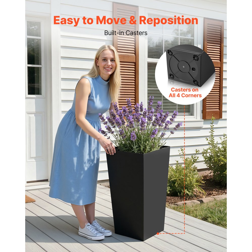 VEVOR Tall Planters Set of 2, 750 mm Large Outdoor Taper Planters for Outdoor Indoor Plants, Front Porch Plastic Modern Flower Pots with Casters, Inner Pot & Drainage Holes for Patio, Garden, Black