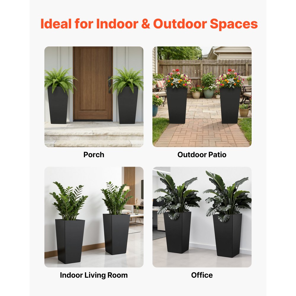 VEVOR Tall Planters Set of 2, 750 mm Large Outdoor Taper Planters for Outdoor Indoor Plants, Front Porch Plastic Modern Flower Pots with Casters, Inner Pot & Drainage Holes for Patio, Garden, Black