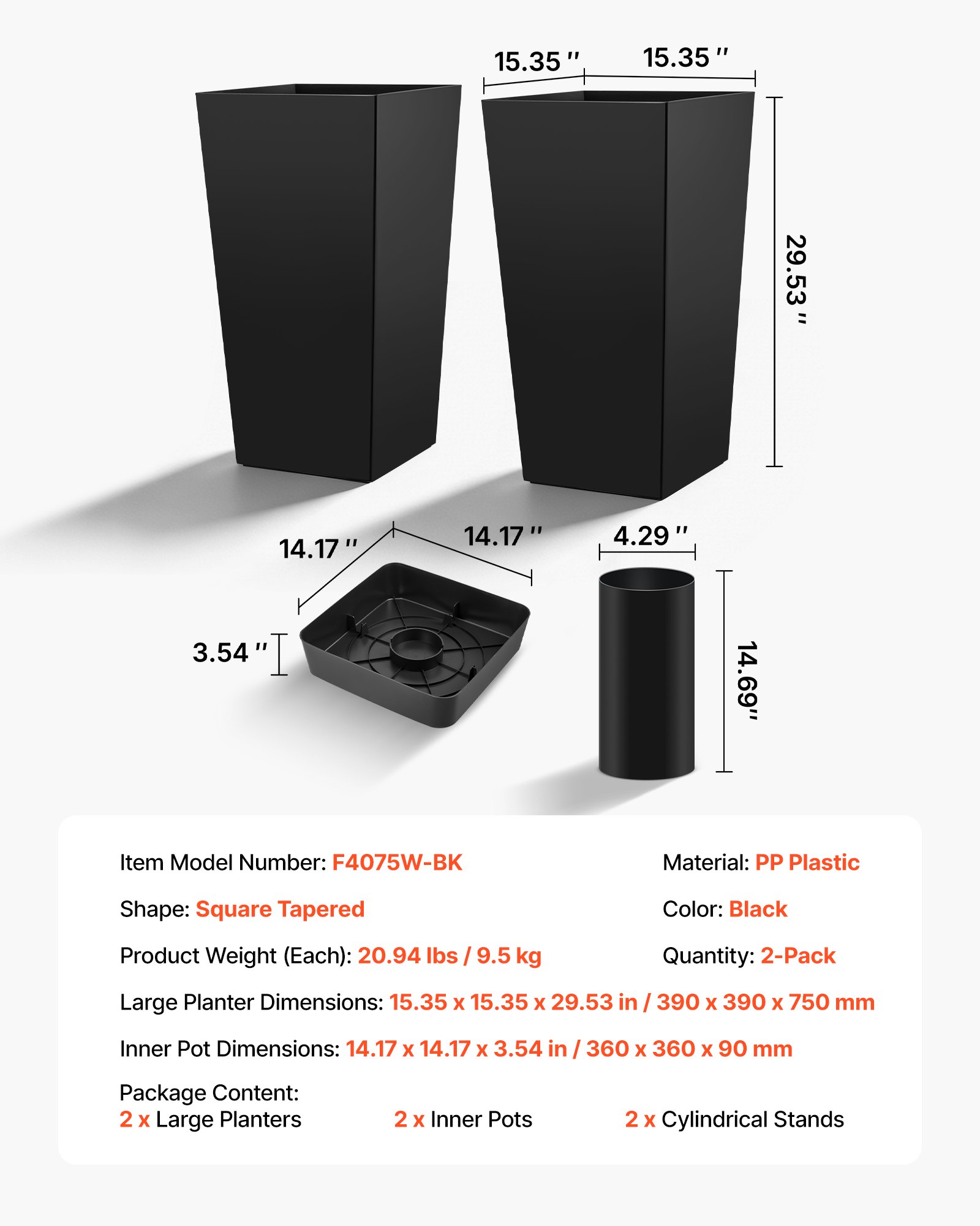 VEVOR Tall Planters Set of 2, 750 mm Large Outdoor Taper Planters for Outdoor Indoor Plants, Front Porch Plastic Modern Flower Pots with Casters, Inner Pot & Drainage Holes for Patio, Garden, Black