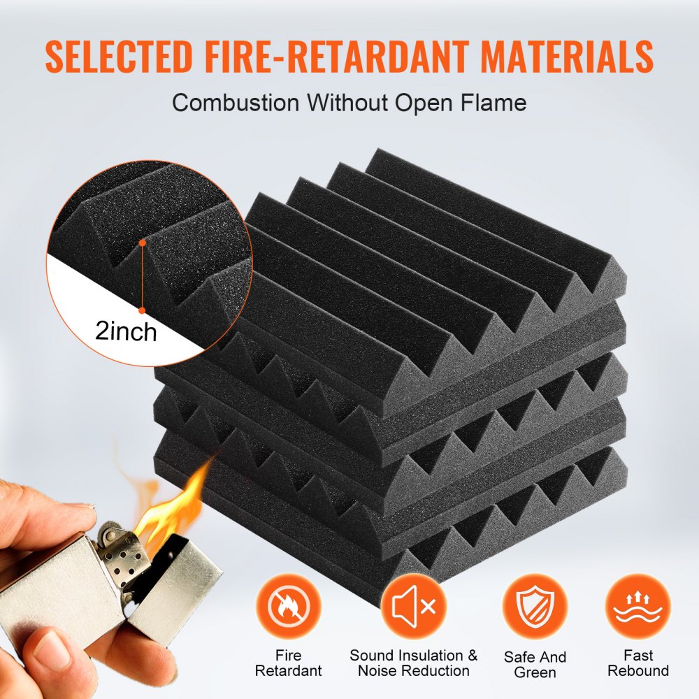 VEVOR Acoustic Foam Acoustic Panels, Set of 36, 300 x 300 x 50 mm, High-Density Soundproof Wall Panels, Fire-Resistant Acoustic Panels, Acoustic Foam Mats for Studio Walls and Ceilings, Black