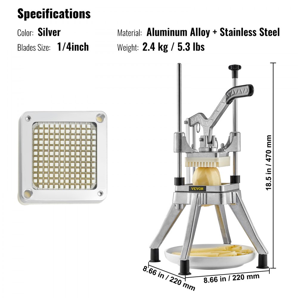 VEVOR Kartoffelschneider Pommes Frites Schneider 0,64cm Frittenschneider Gemüseschneider Kommerzieller Zerkleinerer Obstschneidemaschine mit 2 Ersatzklingen, Edelstahl Zerhacker Gemüseschneider