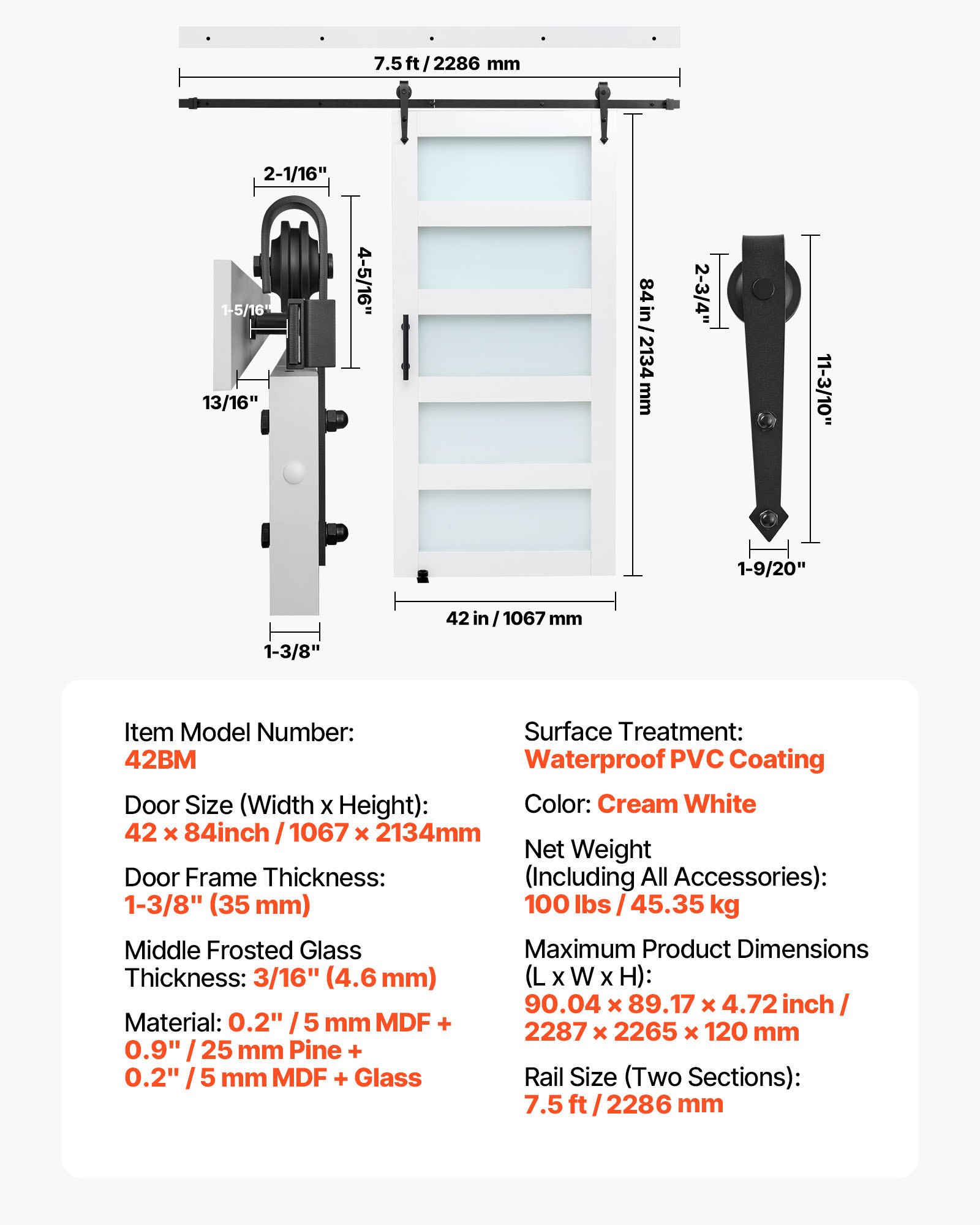 VEVOR Sliding Barn Door, 1067 x 2134mm, High-Strength MDF Panel and Glass, Barn Door with Hardware Kit, Water-Proof PVC Surface, Easy to Install, H-Frame, Smoothly and Quietly Sliding for Living Room